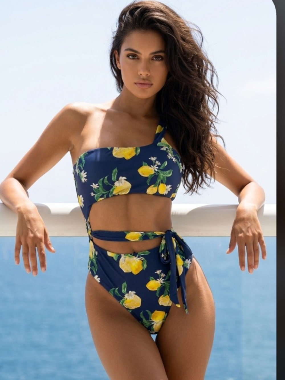 WET Swimwear | Monokini Swimsuit Navy & Lemons Cutout One Piece NWT size L